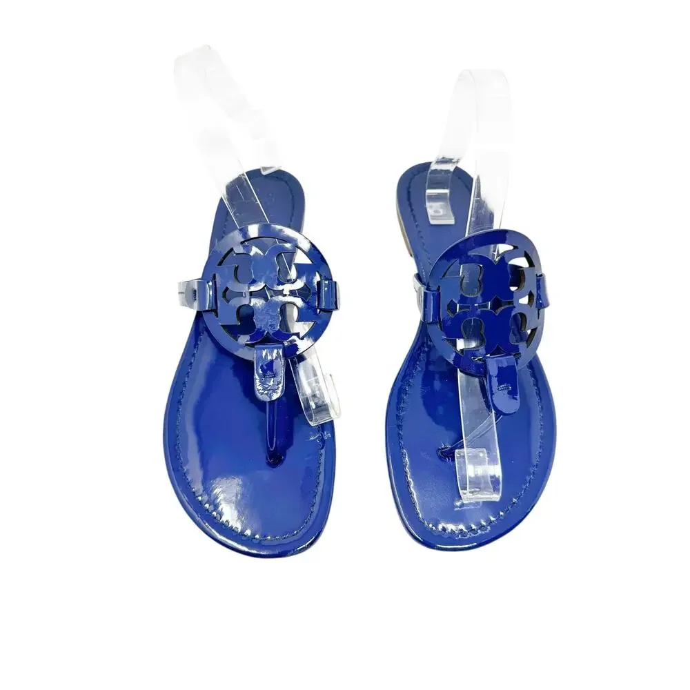 TORY BURCH Blue Metallic Miller Logo Patent Leather Sandals Size 10